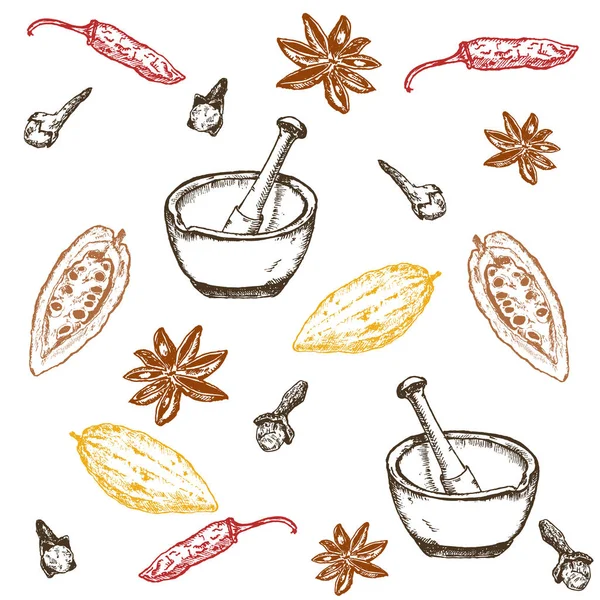 Modello senza cuciture vettoriale disegnato a mano di spezie e fagioli di cacao. Peperoncino, cardamomo, tritacarne, limone e chiodi di garofano. Illustrazione di spezie colorate isolata su sfondo bianco . — Vettoriale Stock