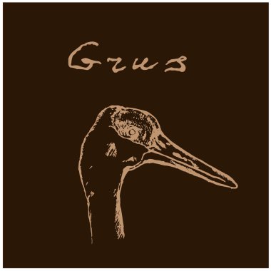 Vahşi kuşlar siyah arka planda yaşarlar. Doğadaki ya da gökyüzündeki hayvanlar. Turna ya da Grus grisi tüyler ve kızıl kafa. Grafik el çizimi grus ya da vinç stili vinç.