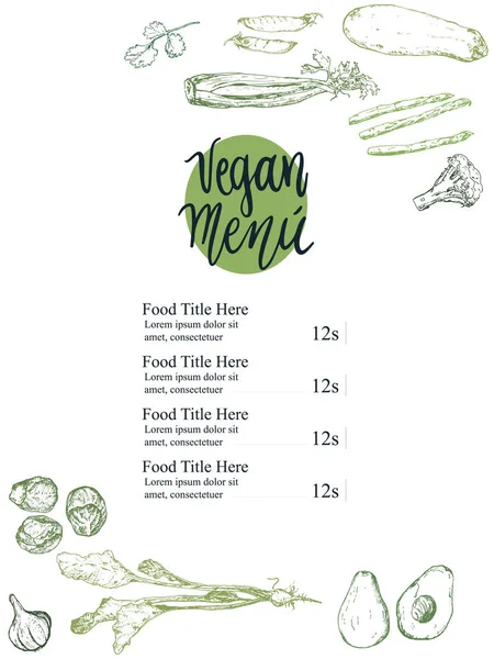 Design de menu de comida vegetariana. Mão desenhado eco comida verde legumes menu ilustração. Pode ser usado para vegans eco food menu, convites . — Vetor de Stock
