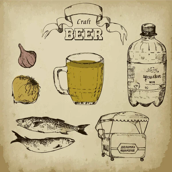 Beer sketch vector elements. Drawing hand drawn items, beer bottle and mug, sardines, onion and garlic, kiosk retro items for craft brewery or beershop graphics. — Stock Vector