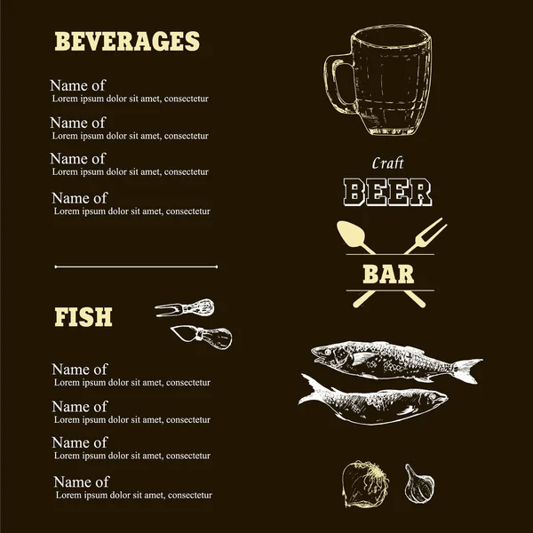 Bier skizziert Vektorelemente in schwarzer Kreidetafel oder Speisekarte. Zeichnung handgezeichneter Gegenstände, Bierflasche und -krug, Sardinen Zwiebeln, Knoblauch und Bierhaus-Logo. — Stockvektor