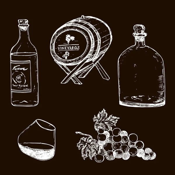 Illustrazione vettore bozzetto di vino. Vinificazione mano disegnato vintage set. Cantina botte di legno, bicchiere con vino, ramoscello d'uva. Bevanda alcolica classica e bevande bianche su gesso nero . — Vettoriale Stock