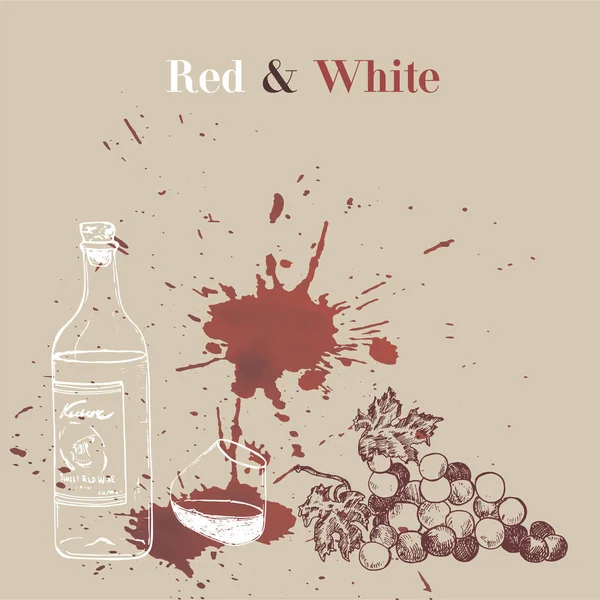 Presentazione eventi enologici schizzo vettoriale illustrazione del punto cantina rossa con effetto liquido. Macchie di vino rosso, bottiglia e uva per degustazione di vino rosso e bianco . — Vettoriale Stock