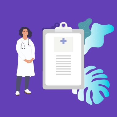 Reçete vektör illüstrasyon için bir pano tutan stetoskop ile laboratuvar önlük kadın doktor. Doktor kız kişisel mesaj veya tavsiye üzerine yazmak için boş pano gösteren.