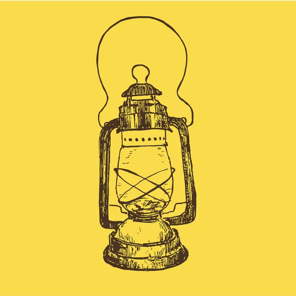 빈티지 스케치 등유 램프 또는 랜턴 벡터 일러스트 레이션입니다. 노란색 배경에 잉크 손으로 그린 복고풍 등유 램프. — 스톡 벡터