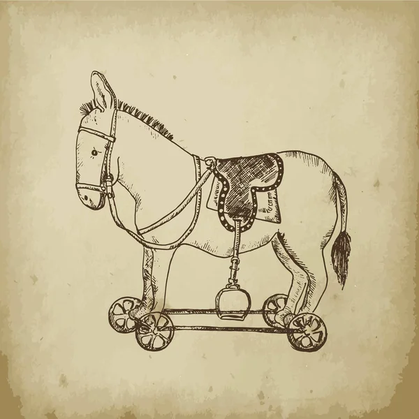 Retro rocking toy donkey or horse on wheels sketch vector illustration. Vintage toys drawn by hands sketch ink pen on a beige old paper background. — Stock Vector