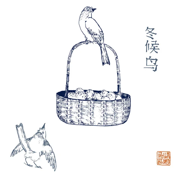 Aves chinas y cesta de frutas vector dibujo a mano ilustración. Tinta oriental tradicional pintura sumi-e, u-sin, go-hua. Jeroglíficos traduce aves sobrevoladoras, invernando en China . — Vector de stock
