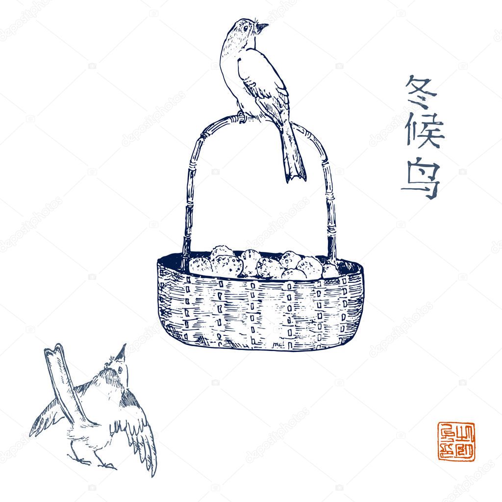 Chinese birds and basket of fruits vector hand drawing illustration. Traditional oriental ink painting sumi-e, u-sin, go-hua. Hieroglyphs translates overflight birds, wintering in China.