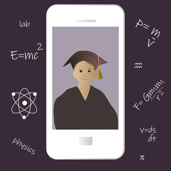 Graduação universitária on-line no aplicativo de telefone, menino pós-graduação grau de física na graduação cap ilustração vetorial plana . — Vetor de Stock