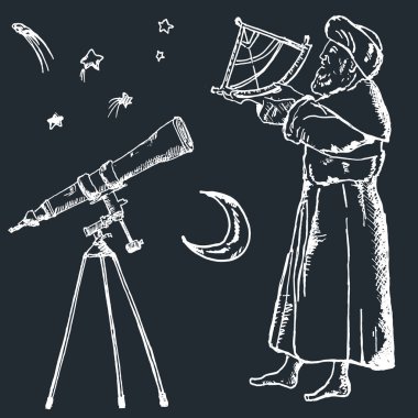 Astronomi çizimi, sekstant kullanan antik astronom çizimi. Yıldızlar, ay ve teleskop, astronomik klasik oymalar..