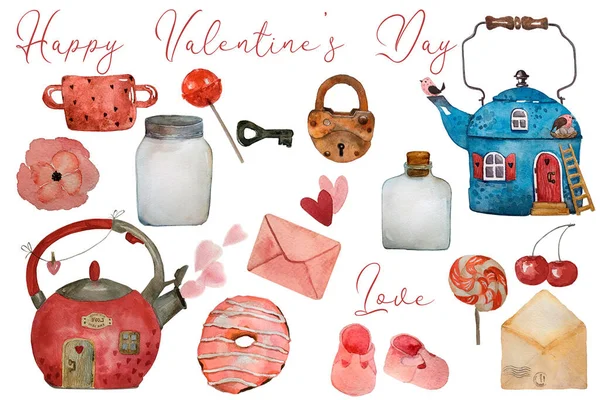 Watercolor set illustration with love pink decoration, hearts, fantasy cute kettle houses, letters and candy, vintage lock for scrapbook, cards, invitations and Valentines Day. — Stock Photo, Image