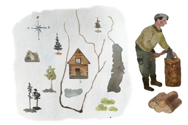 Aquarell der Natur und ländliche Landkarte Illustration und der Mensch, der Brennholz hackt. Handgezeichnete Bäume, Fluss, See, Charakter und Haus für Ihre Landkarten. — Stockfoto