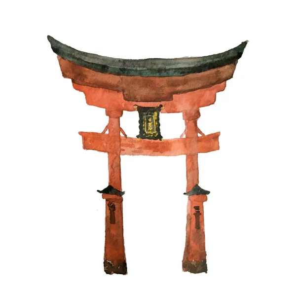 Puerta torii japonesa, viajes a Japón e ilustraciones de acuarela de cultura japonesa. Símbolos tradicionales de la arquitectura japonesa, torii gate . — Foto de Stock