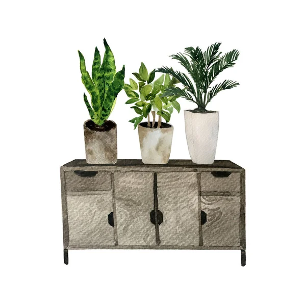 Aquarel commode, ladekast met de hand getekend meubilair en interieur detail schets voor winkel logo, appartement, promotie, verkoop. — Stockfoto