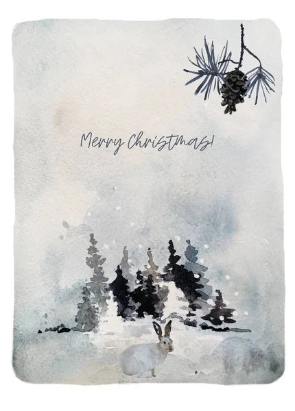 Υδατογραφία φόντο χειμερινό τοπίο για τα Χριστούγεννα ή το νέο έτος κάρτα. Υδατογραφία τοπίο εικονογράφηση, παγωμένο ομιχλώδες δάσος. — Φωτογραφία Αρχείου
