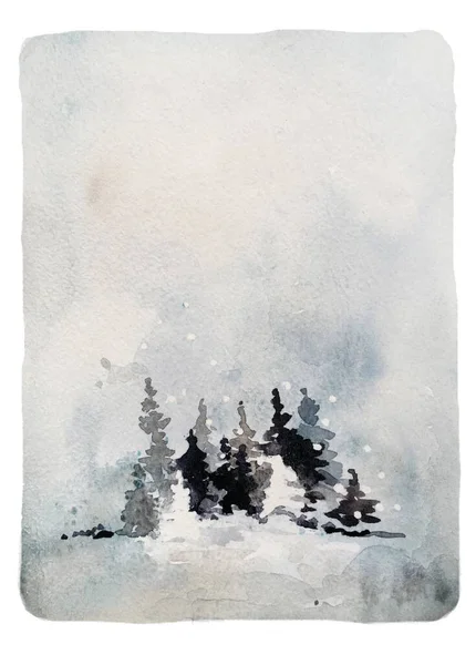 크리스마스나 새해 카드를 위한 워터 컬러 겨울 풍경. 얼음처럼 얼어붙은 숲, 수채 색 풍경. — 스톡 사진
