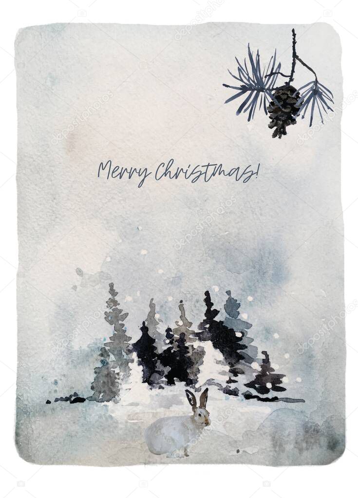 Watercolor winter landscape background for christmas or new year card. Watercolour landscape illustration, frozen misty forest.