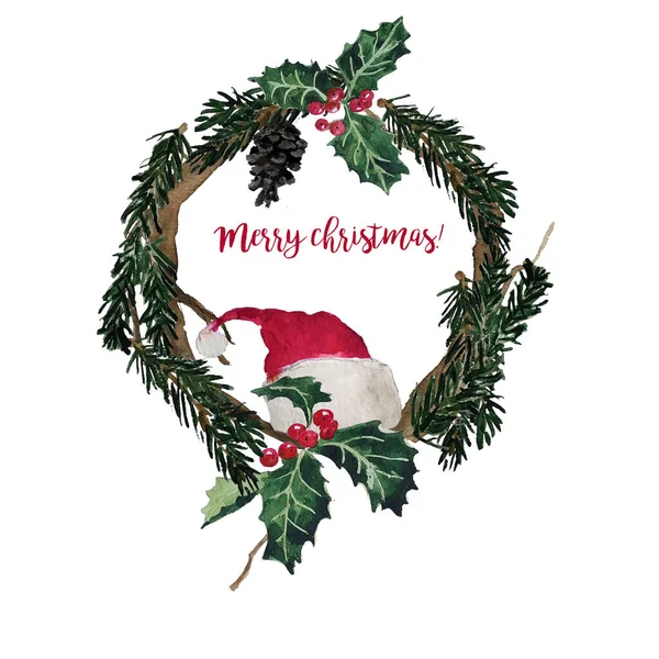 Χριστουγεννιάτικο στεφάνι διακόσμηση με κλαδιά πεύκου, ιερά μούρα χειμώνα και Καλά Χριστούγεννα καλλιγραφία κείμενο για ευχετήρια κάρτα. — Φωτογραφία Αρχείου