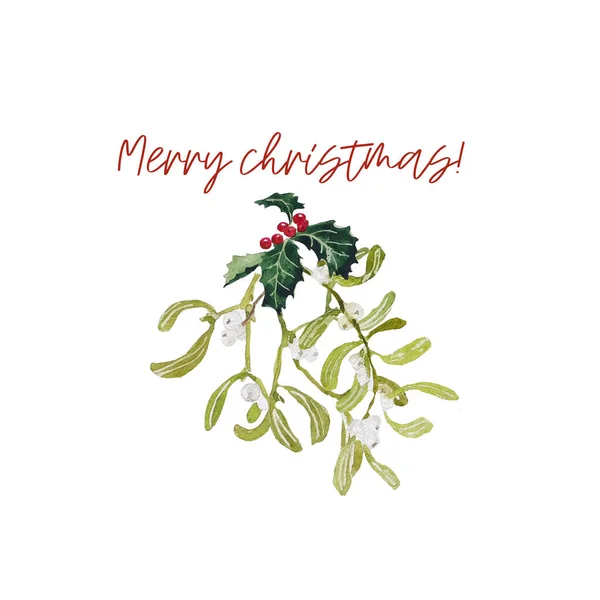 Holly baies d'hiver et mistletore décoration murale aquarelle de Noël et Joyeux texte de calligraphie de Noël pour carte de voeux. — Photo