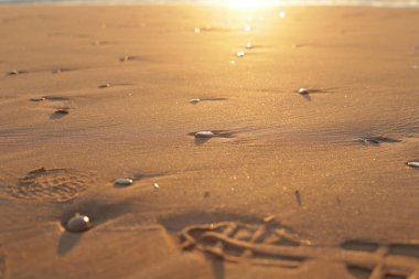 Huzur içinde yumuşak kum üzerine altın saatte yalan taşlar.