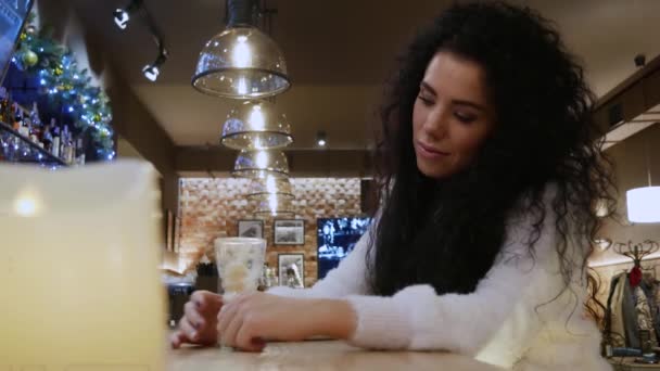 Beautiful Curly Haired Girl Waiting Restaurant Cute Brunette White Sweater — Stock Video