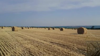 Haystacks eğimli alanda Panoraması. Kırsal kesimde hasat