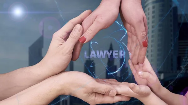 Férfi, női és gyermek kezét Térkép egy hologram ügyvéd — Stock Fotó