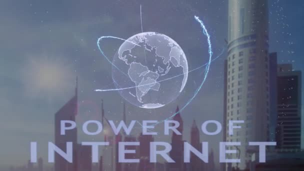 Δύναμη του internet κειμένου με τρισδιάστατο ολόγραμμα του πλανήτη γη ενάντια στο σκηνικό της σύγχρονης Μητρόπολης — Αρχείο Βίντεο