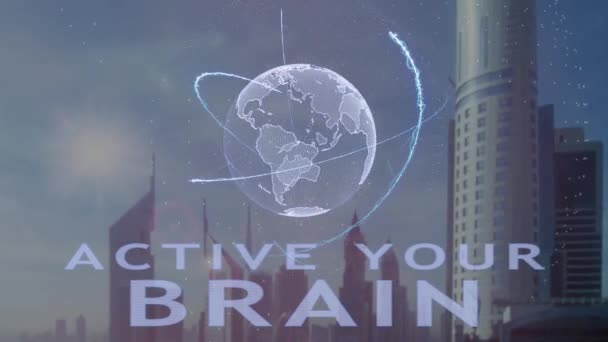Активний Текст Мозку Допомогою Голограми Планети Земля Тлі Сучасного Мегаполісу — стокове відео