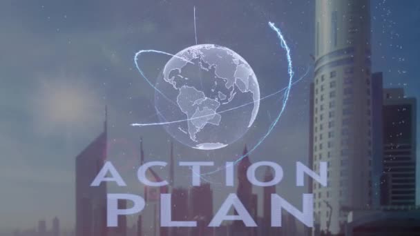 Testo del piano d'azione con ologramma 3D del pianeta Terra sullo sfondo della moderna metropoli — Video Stock