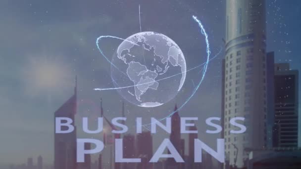 Business plan tekst met 3d hologram van de planeet aarde tegen de achtergrond van de moderne metropool — Stockvideo