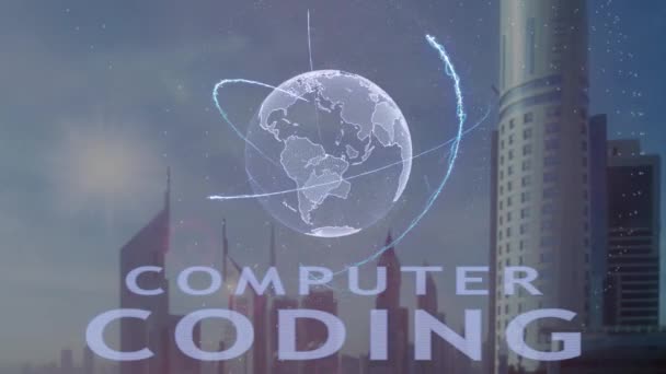 Computer codering van tekst met 3d hologram van de planeet aarde tegen de achtergrond van de moderne metropool — Stockvideo