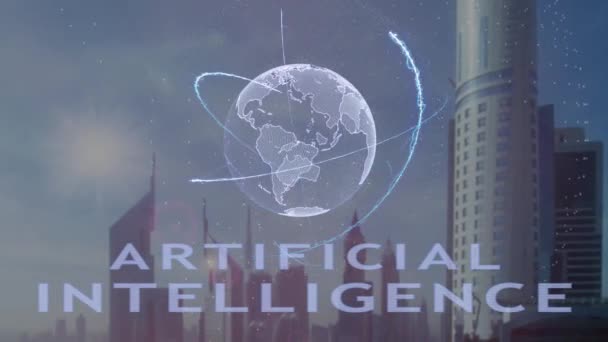 Текст искусственного интеллекта с трехмерной голограммой планеты Земля на фоне современного мегаполиса — стоковое видео