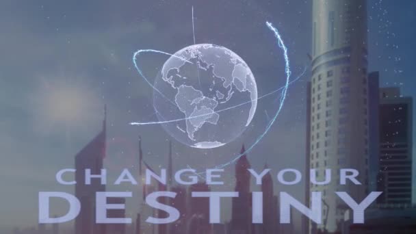 Altere seu texto de destino com holograma 3d do planeta Terra contra o pano de fundo da metrópole moderna — Vídeo de Stock