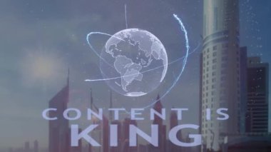 İçerik kraldır modern metropol zemin karşı Dünya gezegeninin 3d hologram metinle