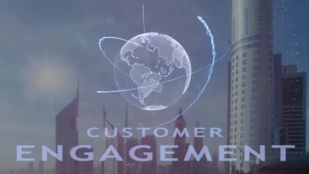 Texto de engajamento do cliente com holograma 3d do planeta Terra contra o pano de fundo da metrópole moderna — Vídeo de Stock