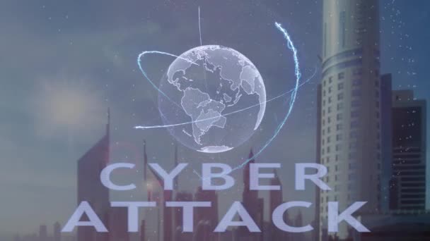 Texto de ataque cibernético com holograma 3d do planeta Terra contra o pano de fundo da metrópole moderna — Vídeo de Stock
