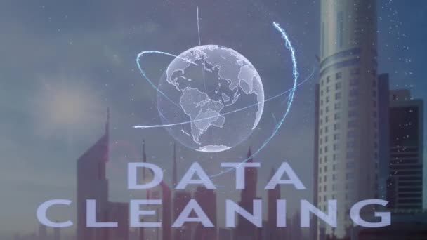 Tekst z hologramem 3d planety ziemi na tle nowoczesnej metropolii czyszczenie danych — Wideo stockowe