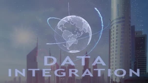 Dataintegreringstekst med 3d hologram av planeten jorden på bakgrunn av den moderne metropolen – stockvideo