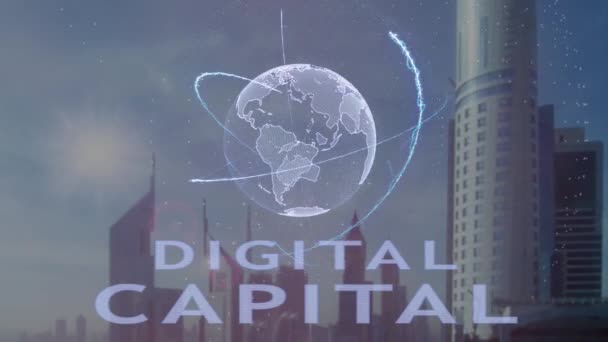 Testo capitale digitale con ologramma 3d del pianeta Terra sullo sfondo della moderna metropoli — Video Stock