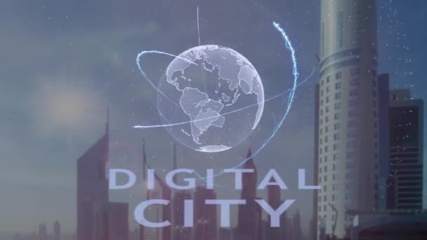 Digital city text with 3d hologram of the planet Earth against the backdrop of the modern metropolis — Stock Video