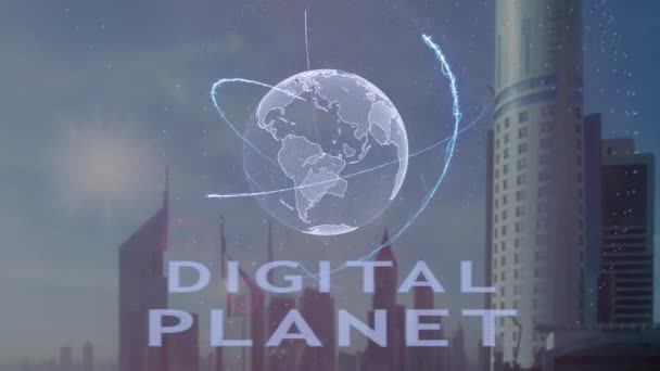 Digitální planetě text s 3d hologramem planety země na pozadí moderní metropole — Stock video