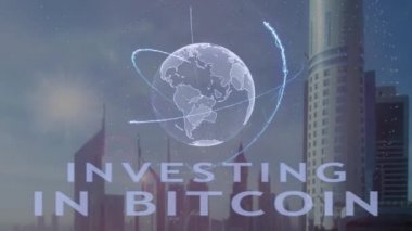 Bitcoin nakit metin 3d hologram modern metropol zemin karşı Dünya gezegeninin ile yatırım