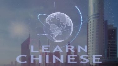 Çince metin ile modern metropol zemin karşı Dünya gezegeninin 3d hologram öğrenin
