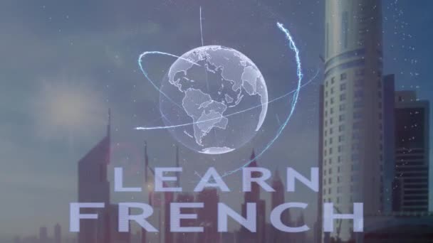 Leren van de Franse tekst met 3d hologram van de planeet aarde tegen de achtergrond van de moderne metropool — Stockvideo