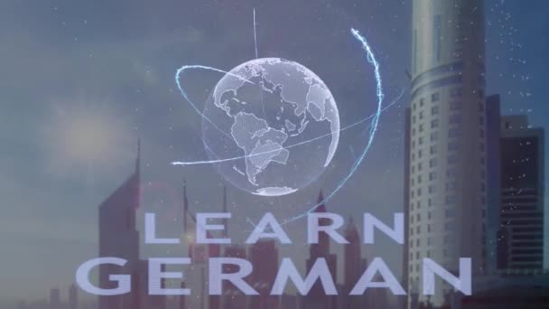 Deutschsprachiger Text mit 3D-Hologramm des Planeten Erde vor dem Hintergrund der modernen Metropole — Stockvideo