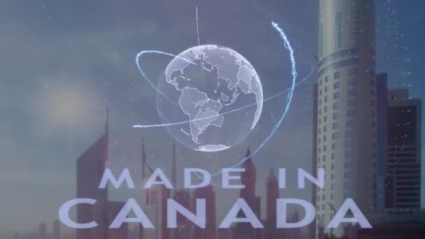 Dibuat di Kanada teks dengan hologram 3d dari planet Bumi terhadap latar belakang metropolis modern — Stok Video