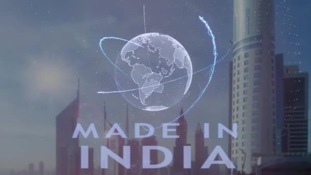 Сделано в Индии текст с 3D голограммы планеты Земля на фоне современного мегаполиса — стоковое видео