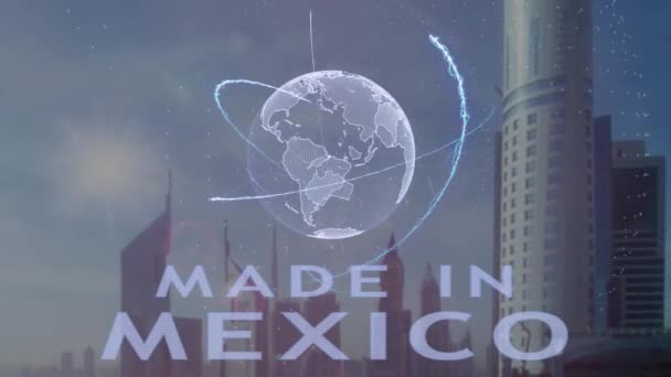 Feito no México texto com holograma 3d do planeta Terra contra o pano de fundo da metrópole moderna — Vídeo de Stock