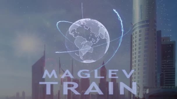 Maglev τρένο κείμενο με τρισδιάστατο ολόγραμμα του πλανήτη γη ενάντια στο σκηνικό της σύγχρονης Μητρόπολης — Αρχείο Βίντεο